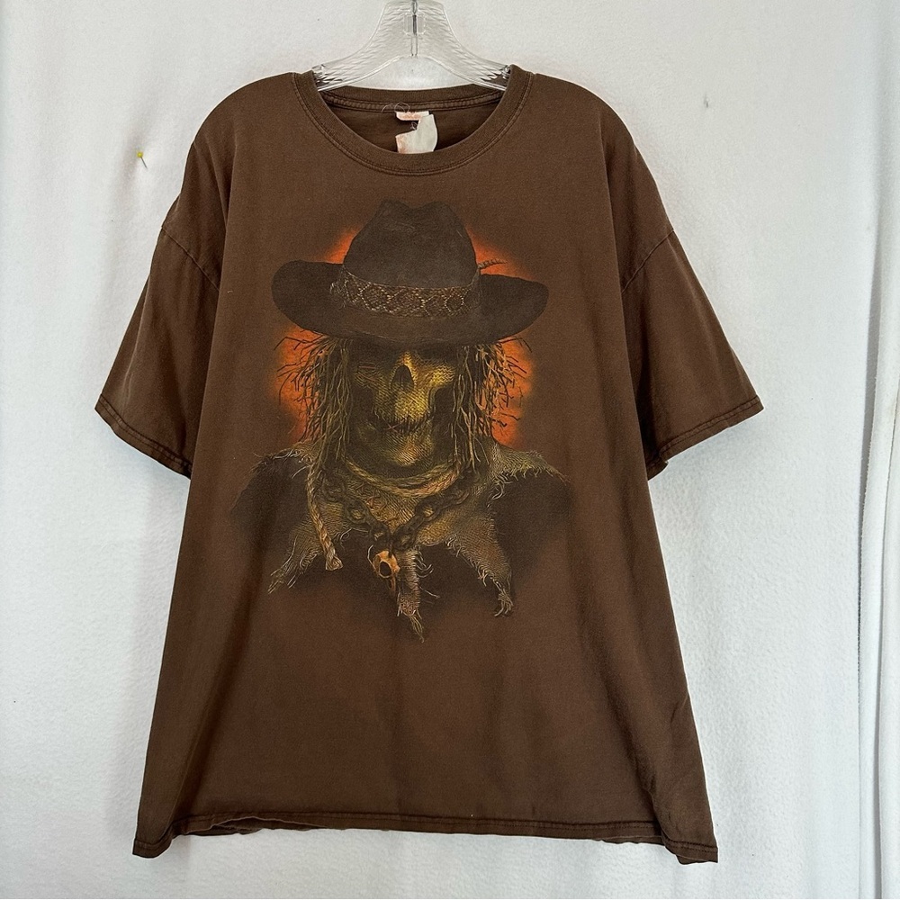 Scarecrow Skull Western Logo Horror T Shirt Mens XL Brown